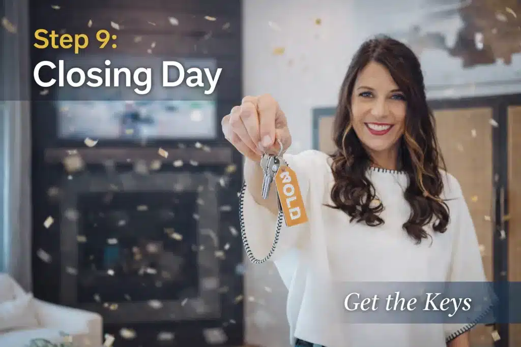 Monika DeRoussel smiles while holding a set of house keys with a "SOLD" tag, standing in a beautifully staged living room. Gold confetti falls softly in the background, symbolizing the celebration of closing day for a first-time home buyer.