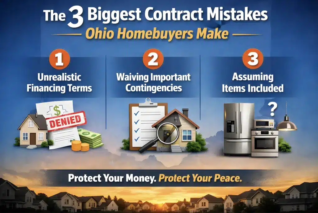 Infographic titled “The 3 Biggest Contract Mistakes Ohio Homebuyers Make” showing three panels: unrealistic financing terms, waiving important contingencies, and assuming items are included, with the footer “Protect Your Money. Protect Your Peace.”