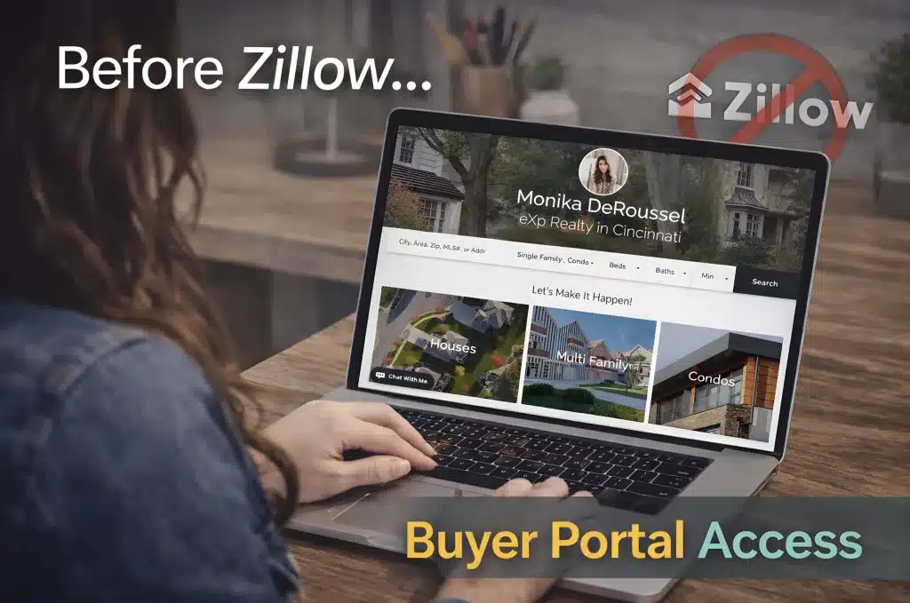 A person sits at a desk browsing a custom buyer portal on a laptop, reviewing home listings with prices and details. In the blurred background, a crossed-out Zillow logo hints at avoiding public listing sites in favor of persona